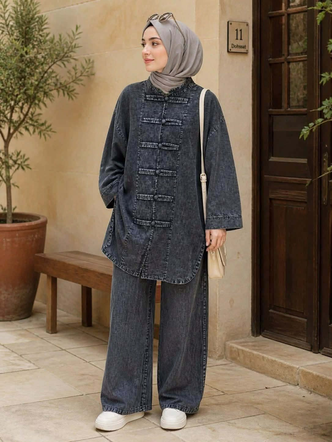 The Buttoned Denim Trouser Set